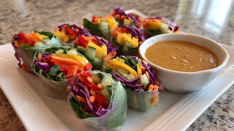 Rainbow Veggie Spring Rolls with Peanut Dipping Sauce