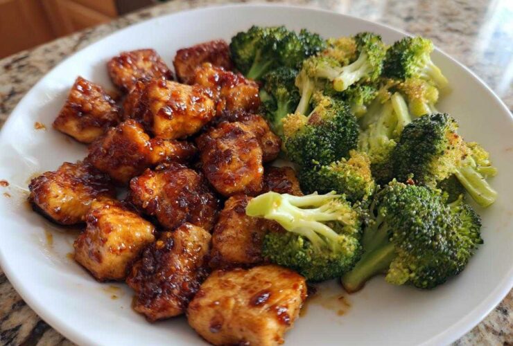 A serving of glazed chicken pieces next to bright green roasted chicken and broccoli.