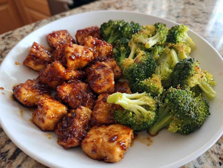 A serving of glazed chicken pieces next to bright green roasted chicken and broccoli.