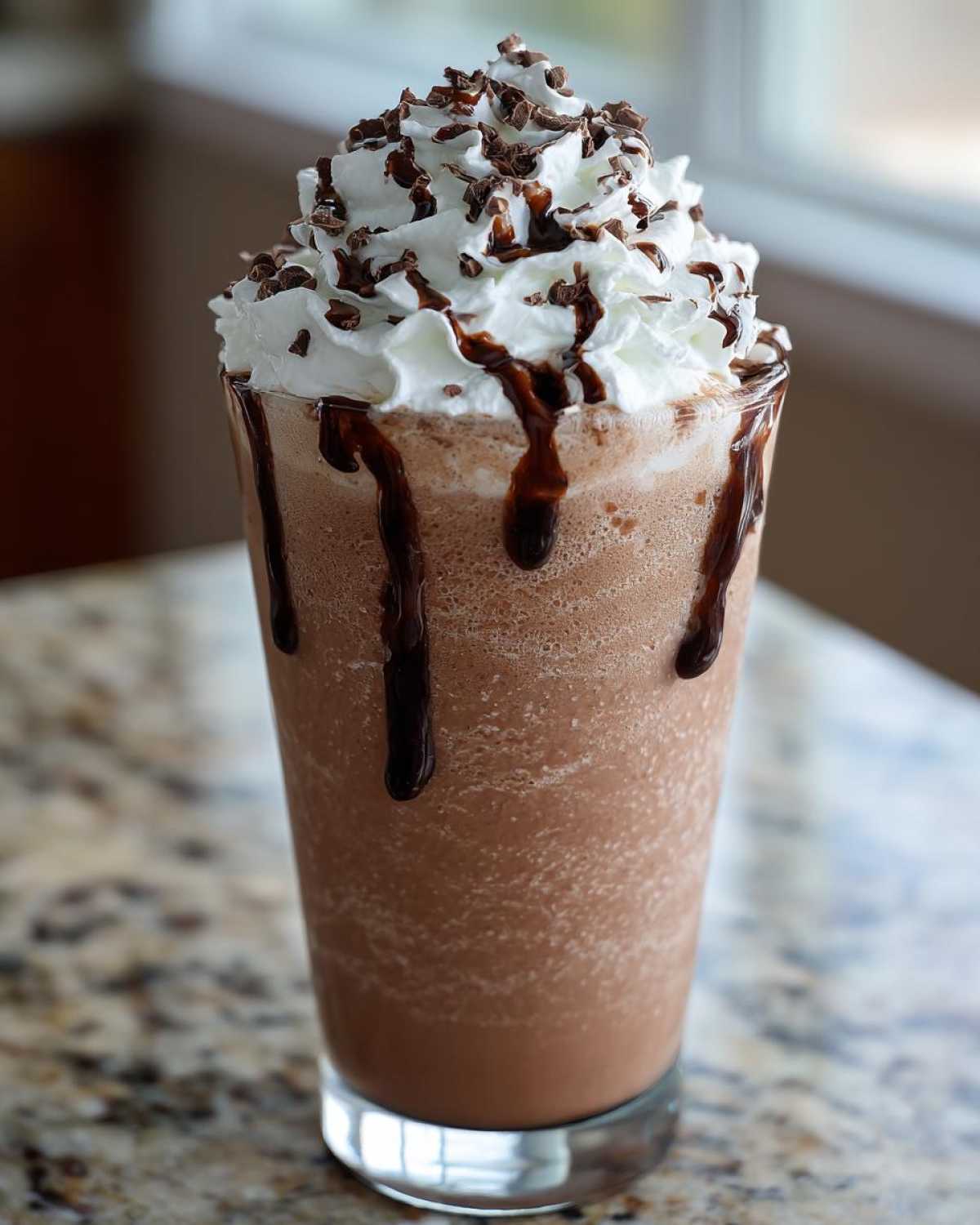 A tall glass filled with thick, blended frozen hot chocolate topped with whipped cream and chocolate drizzle.