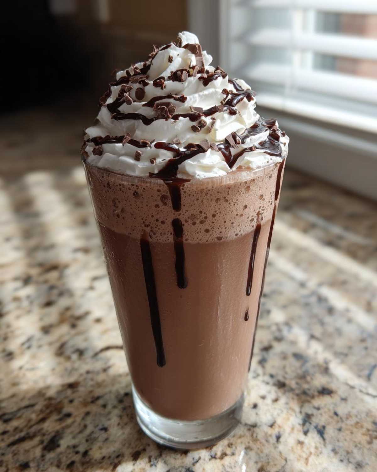 A tall glass of creamy frozen hot chocolate topped with whipped cream, chocolate syrup, and shavings.