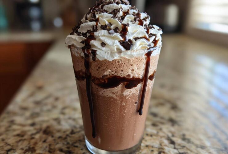 A tall glass filled with blended frozen hot chocolate topped with whipped cream, chocolate syrup, and shavings.