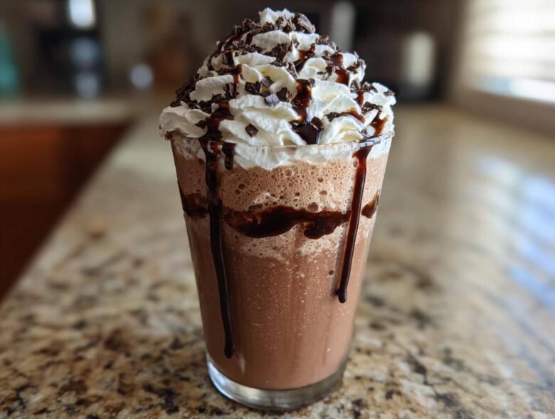 A tall glass filled with blended frozen hot chocolate topped with whipped cream, chocolate syrup, and shavings.