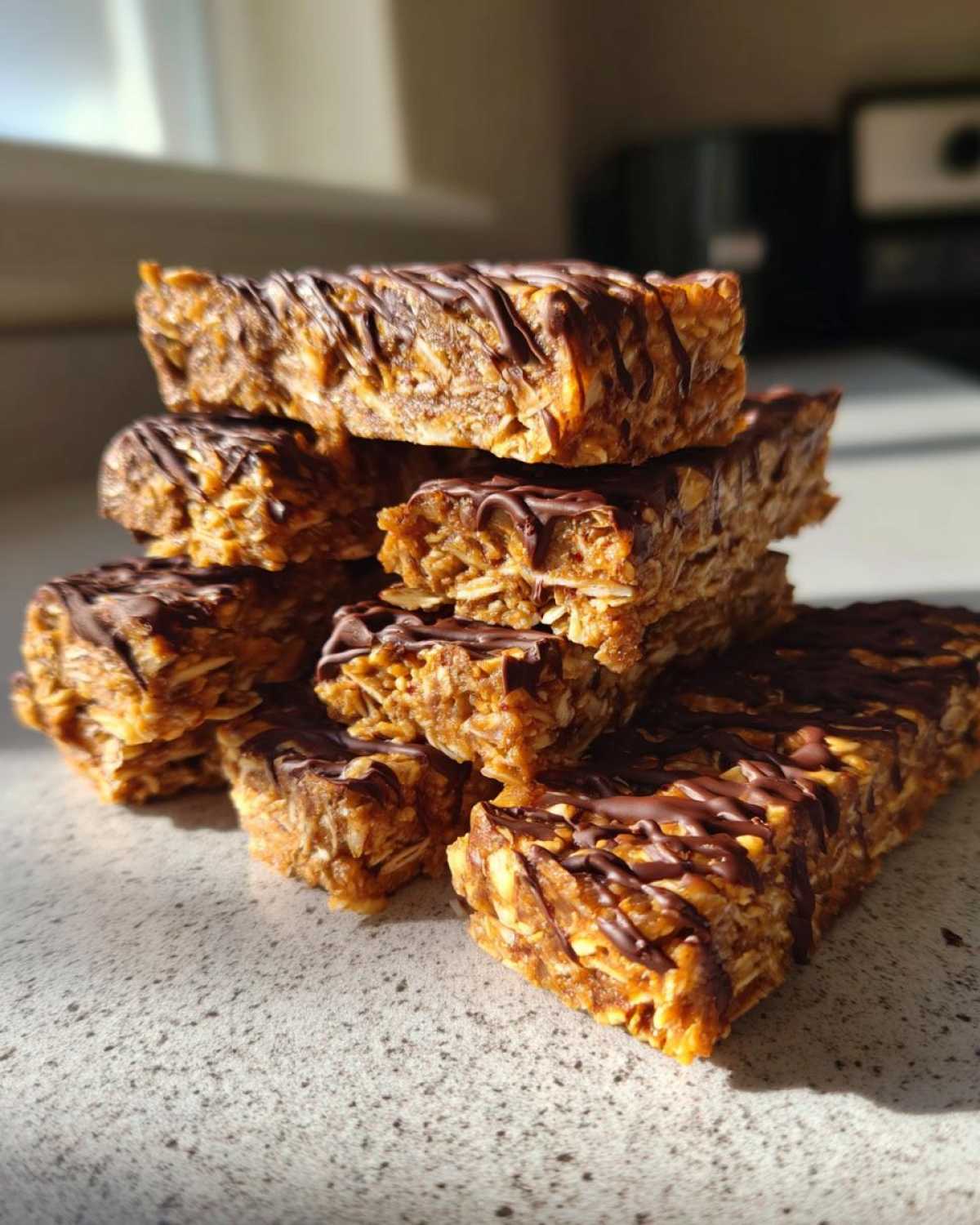 A stack of homemade, chewy protein bars drizzled with melted dark chocolate sitting on a speckled countertop.