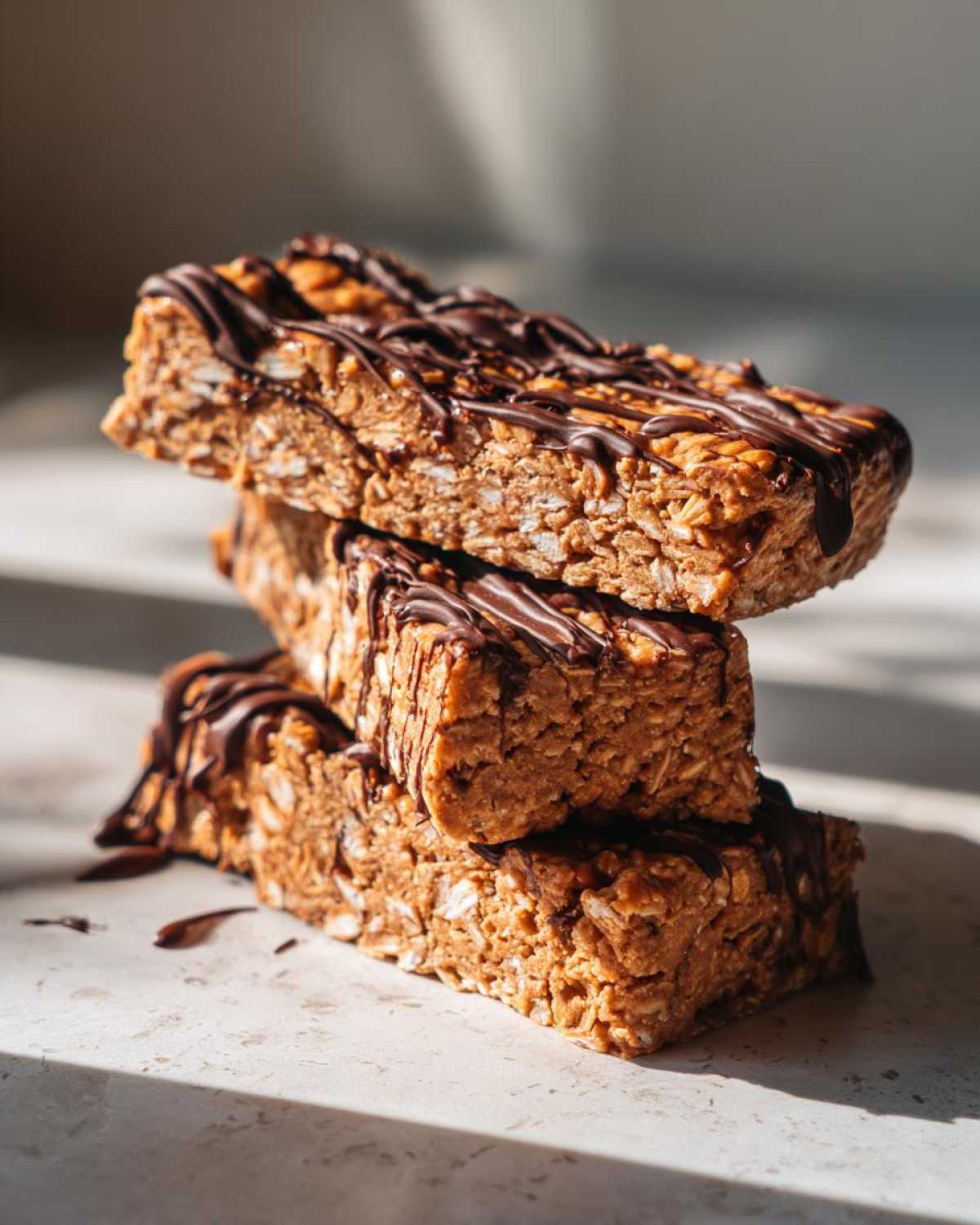 A stack of three homemade, chewy protein bars drizzled generously with dark chocolate.