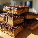 A stack of homemade, no-bake protein bars featuring a thick peanut butter base and a rich chocolate topping drizzle.