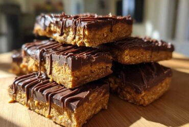 A stack of homemade, no-bake protein bars featuring a thick peanut butter base and a rich chocolate topping drizzle.