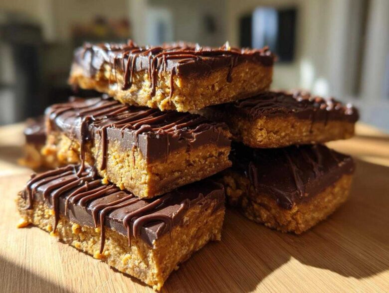 A stack of homemade, no-bake protein bars featuring a thick peanut butter base and a rich chocolate topping drizzle.