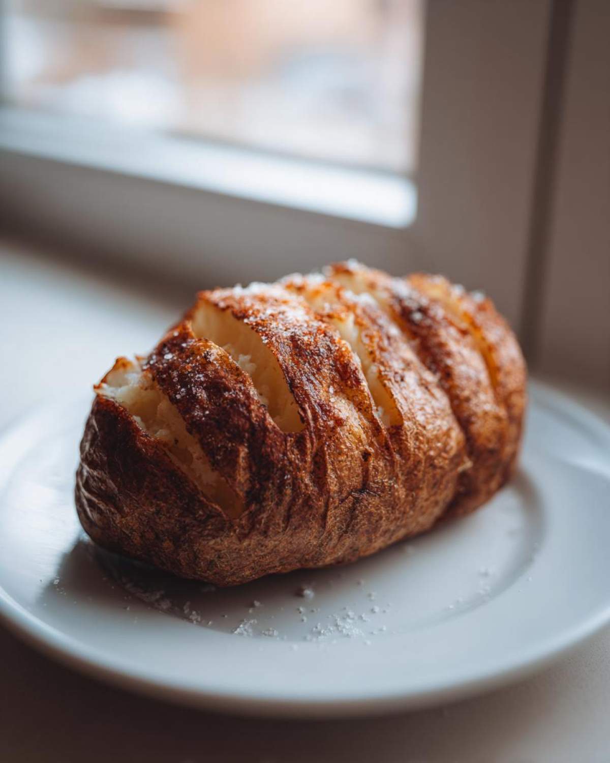 A perfectly cooked, scored air fryer baked potato with a crispy skin and visible salt flakes on a white plate.