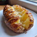 A close-up of a perfectly cooked air fryer baked potato, split open to show fluffy interior and seasoned, crispy skin.