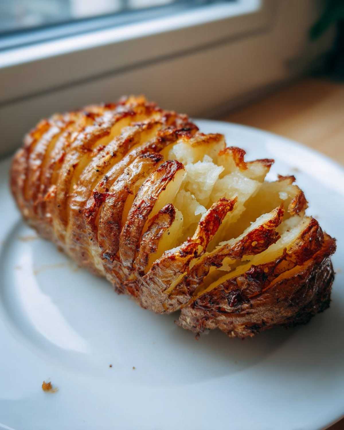 A perfectly cooked, sliced air fryer baked potato with crispy, golden-brown skin and fluffy interior.