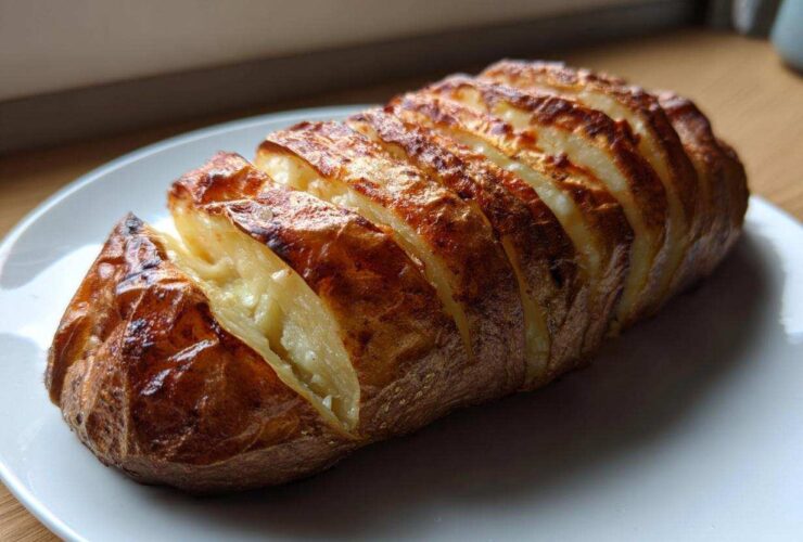 A perfectly cooked air fryer baked potato, sliced thinly like an accordion, with a crispy, golden-brown skin.
