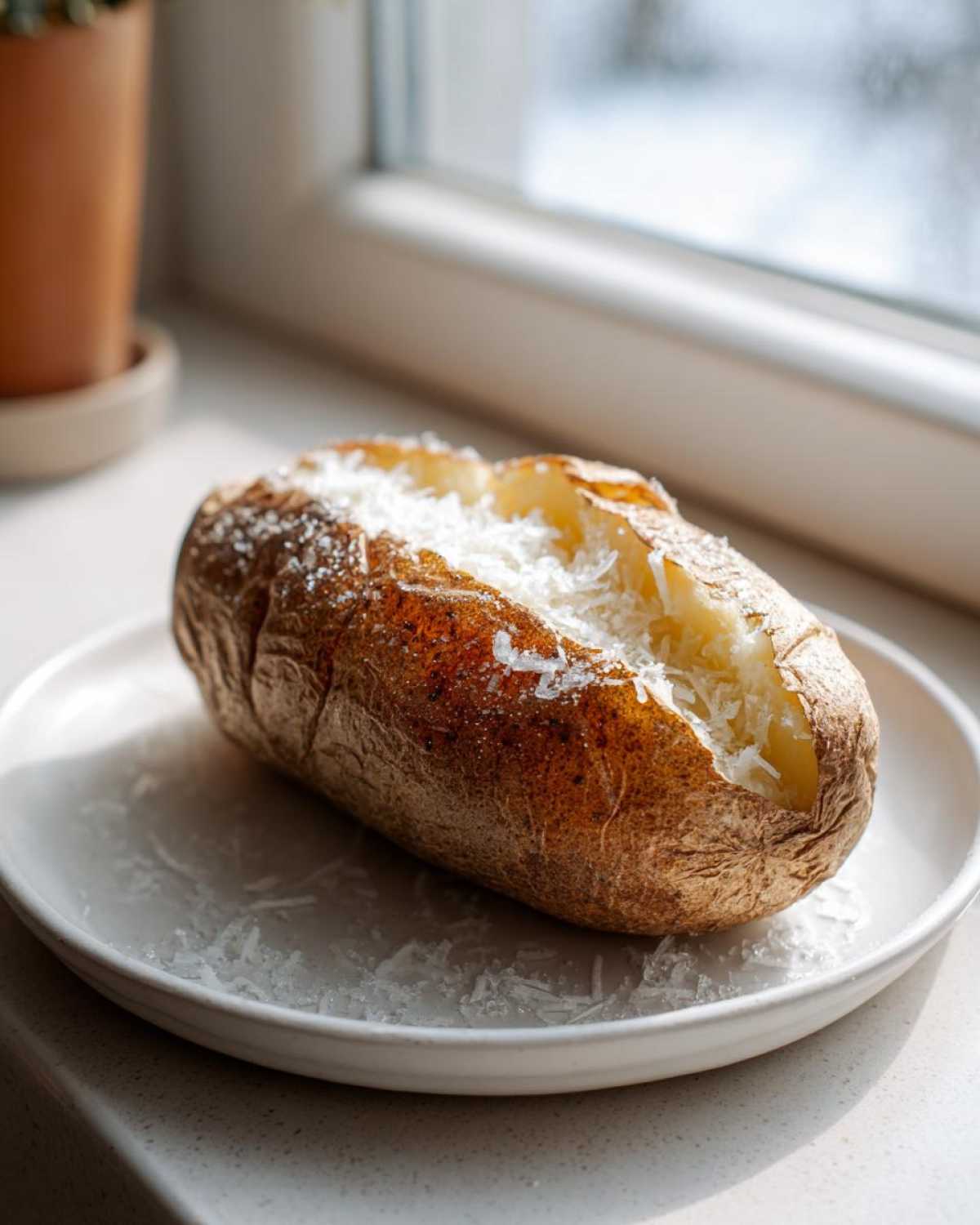 A crispy-skinned air fryer baked potato, split open and topped with grated cheese or salt, sitting on a white plate.
