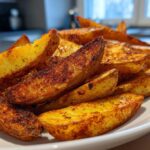 A close-up of perfectly cooked, seasoned air fryer potato wedges piled high on a white plate.