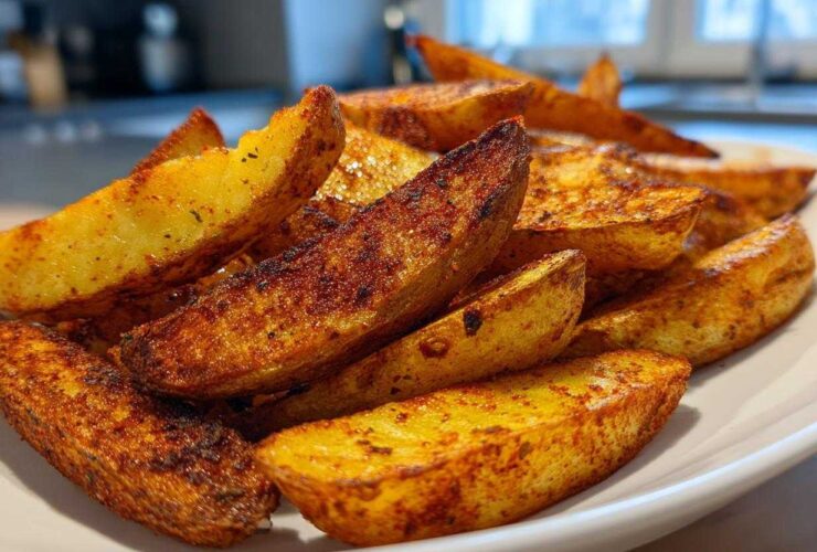A close-up of perfectly cooked, seasoned air fryer potato wedges piled high on a white plate.