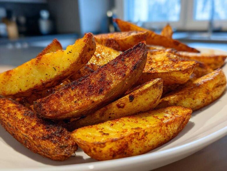 A close-up of perfectly cooked, seasoned air fryer potato wedges piled high on a white plate.
