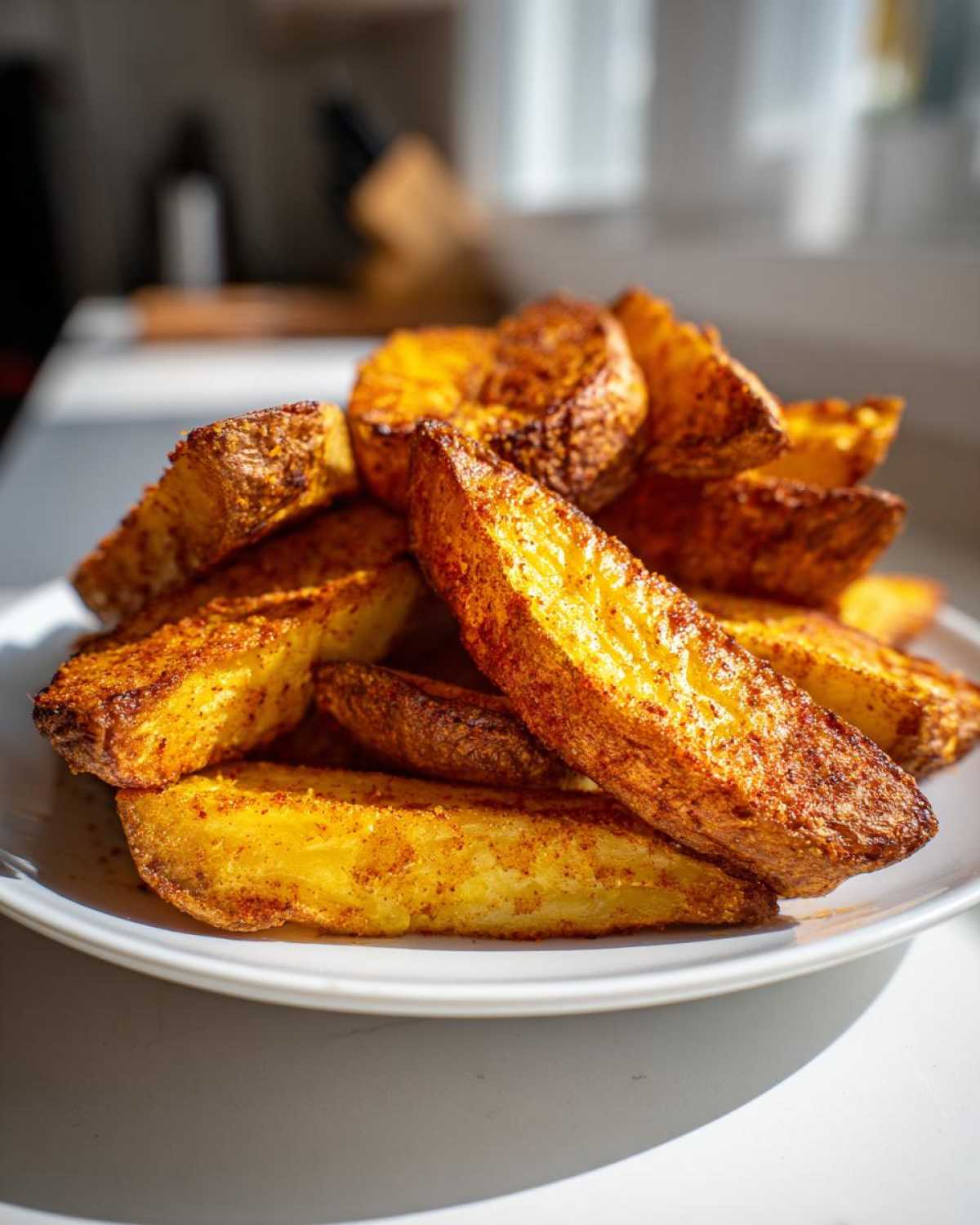 A close-up shot of a pile of golden brown, seasoned air fryer potato wedges stacked on a white plate.