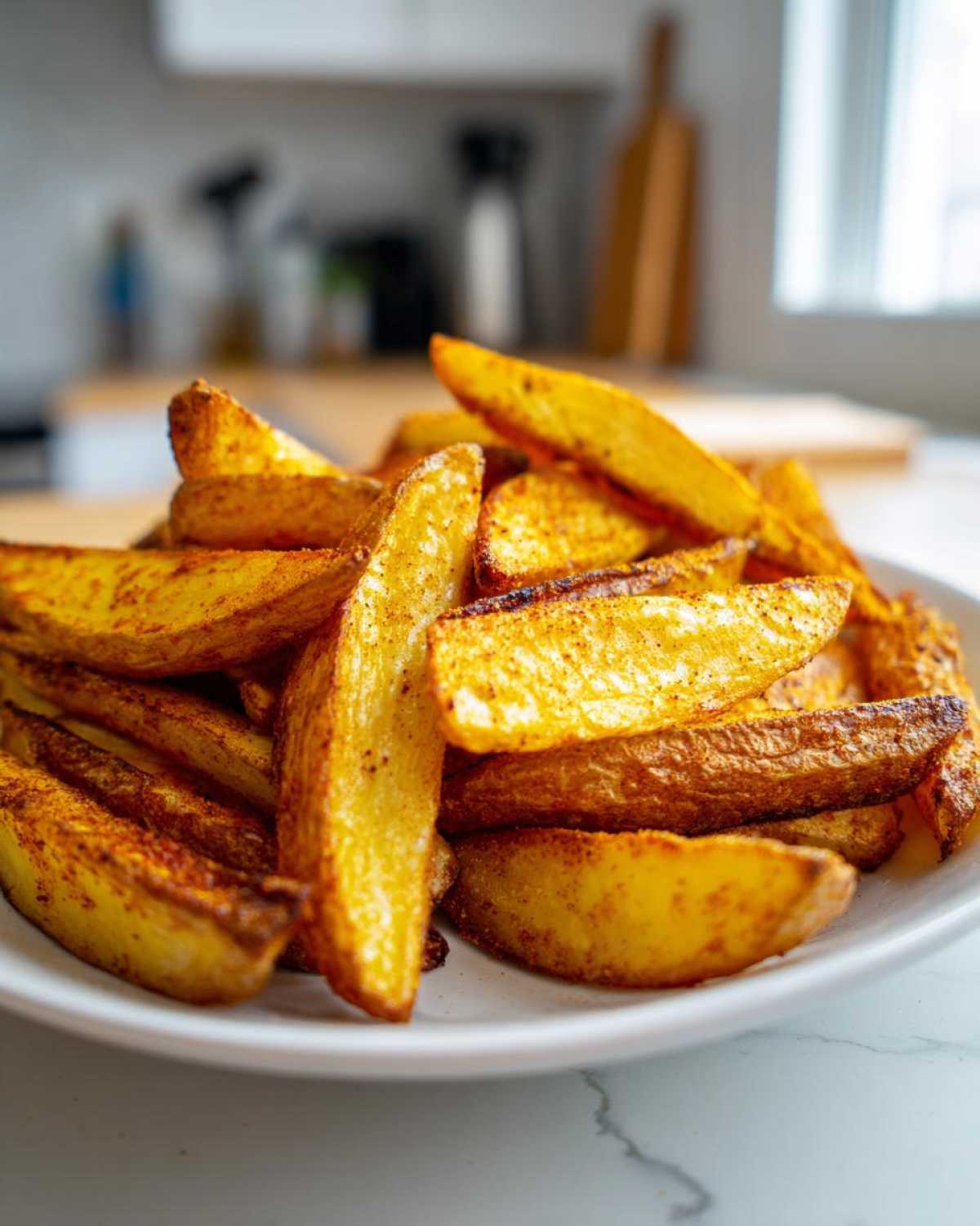 A close-up of a white plate piled high with golden, seasoned air fryer potato wedges.