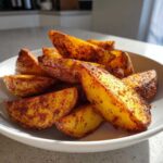 A close-up of golden brown, seasoned air fryer potato wedges piled high in a white bowl.