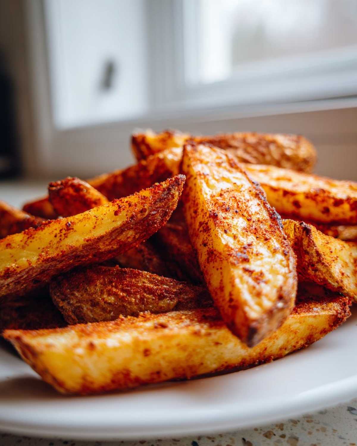 Close-up of perfectly cooked, seasoned air fryer potato wedges piled high on a white plate.