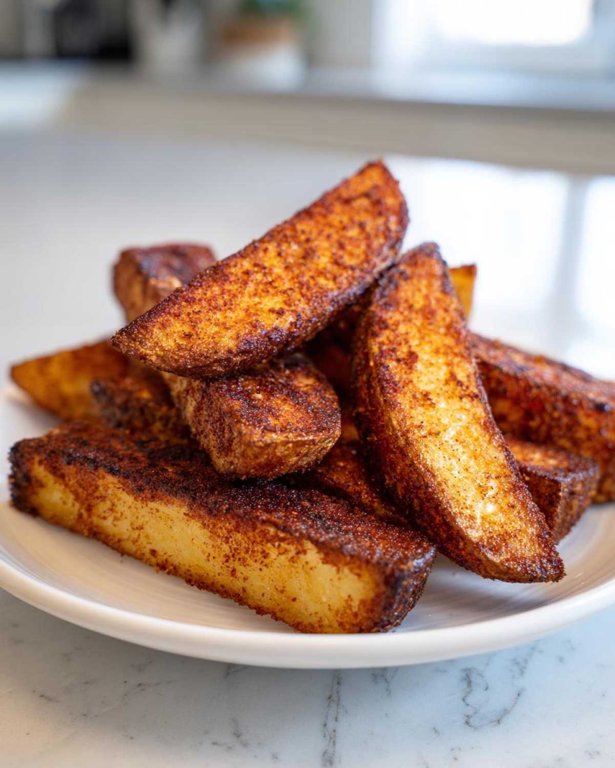 A close-up of crispy, well-seasoned air fryer potato wedges piled high on a white plate.