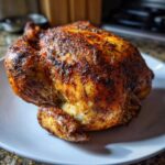 A perfectly cooked, seasoned air fryer whole chicken with crispy, golden-brown skin resting on a white plate.