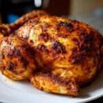 A whole roasted chicken with crispy, seasoned skin resting on a white plate, made using an air fryer whole chicken recipe.