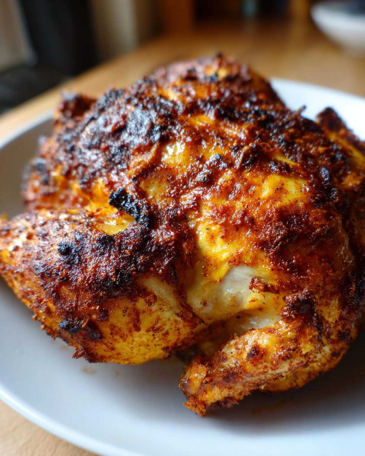 Close-up of a perfectly cooked air fryer whole chicken with dark, crispy, spiced skin resting on a white plate.