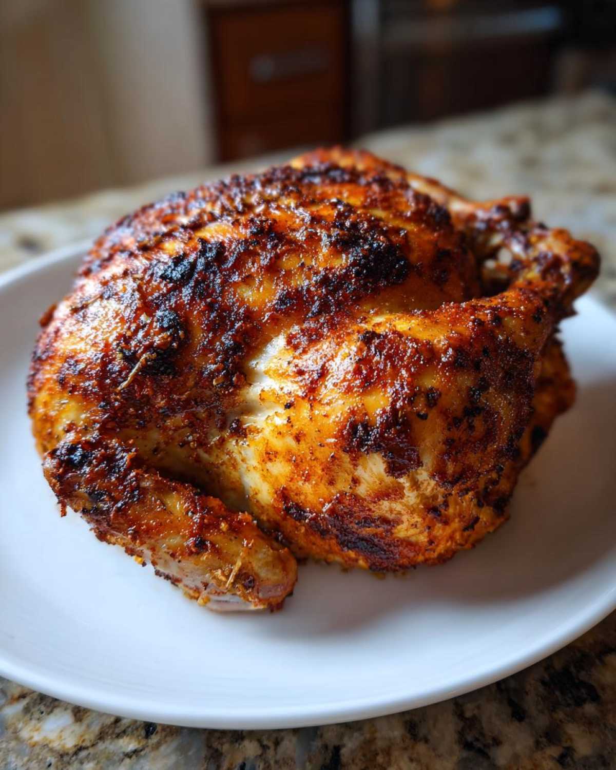 A whole roasted chicken with crispy, seasoned skin, fresh from the air fryer whole chicken recipe, served on a white plate.