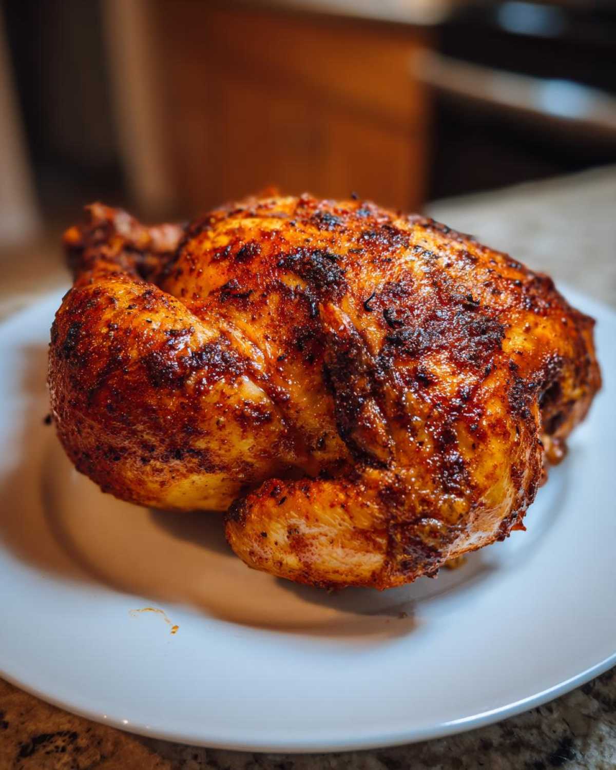 A perfectly cooked, seasoned air fryer whole chicken with crispy, dark golden-brown skin resting on a white plate.