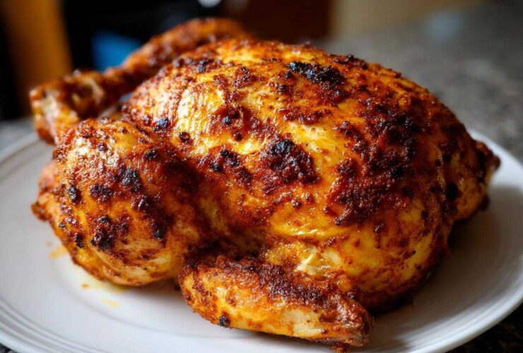 A whole roasted chicken with crispy, seasoned skin resting on a white plate, made using an air fryer whole chicken recipe.