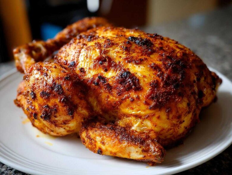 A whole roasted chicken with crispy, seasoned skin resting on a white plate, made using an air fryer whole chicken recipe.