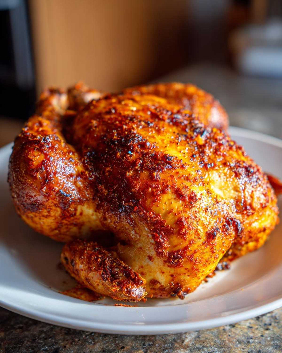 A perfectly cooked, whole chicken with crispy, seasoned skin resting on a white plate, ready to serve.