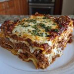 A thick, layered slice of amazing 3 layer lasagna topped with melted mozzarella and fresh parsley.