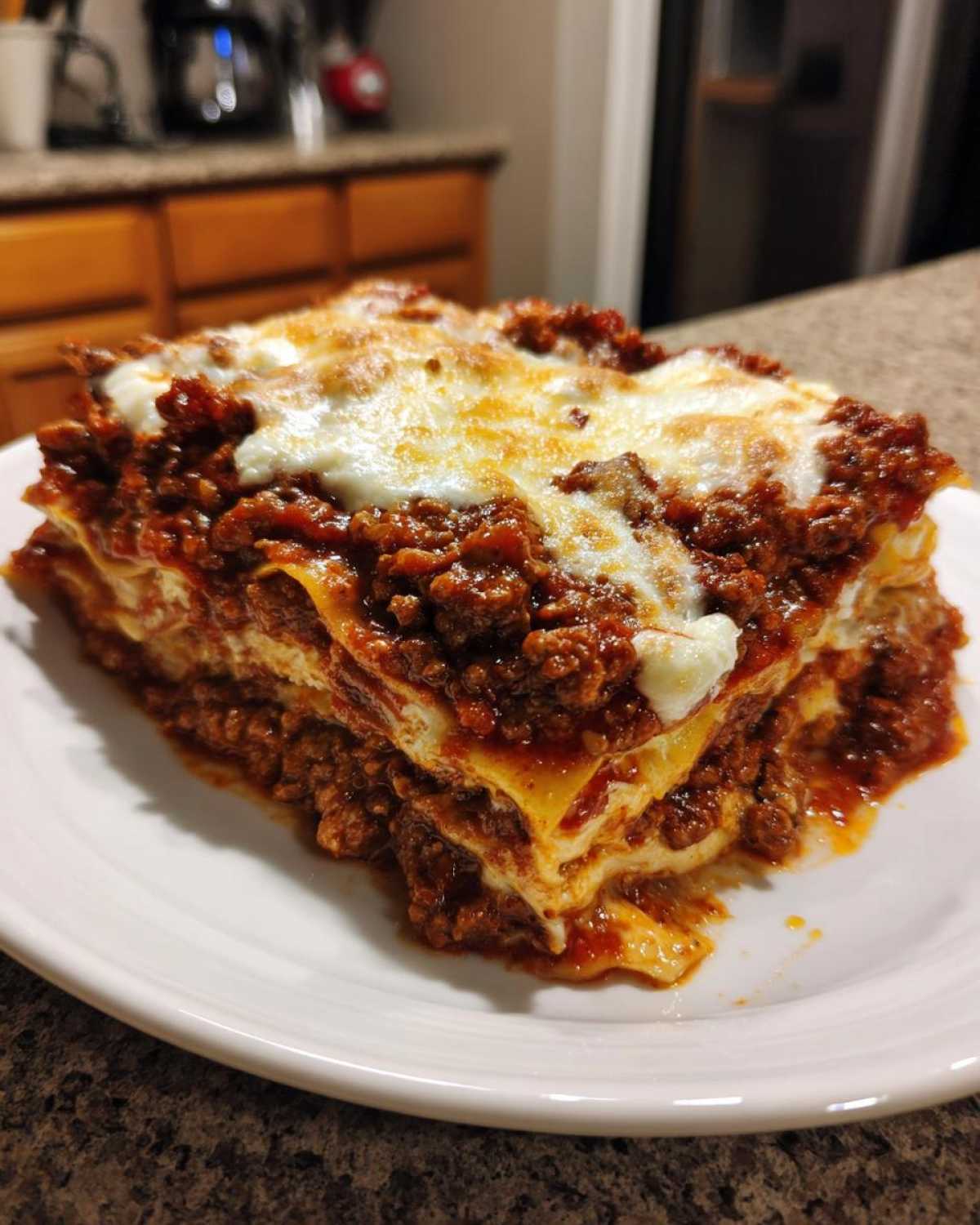 A generous slice of amazing 3 layer lasagna featuring rich meat sauce and melted cheese topping on a white plate.
