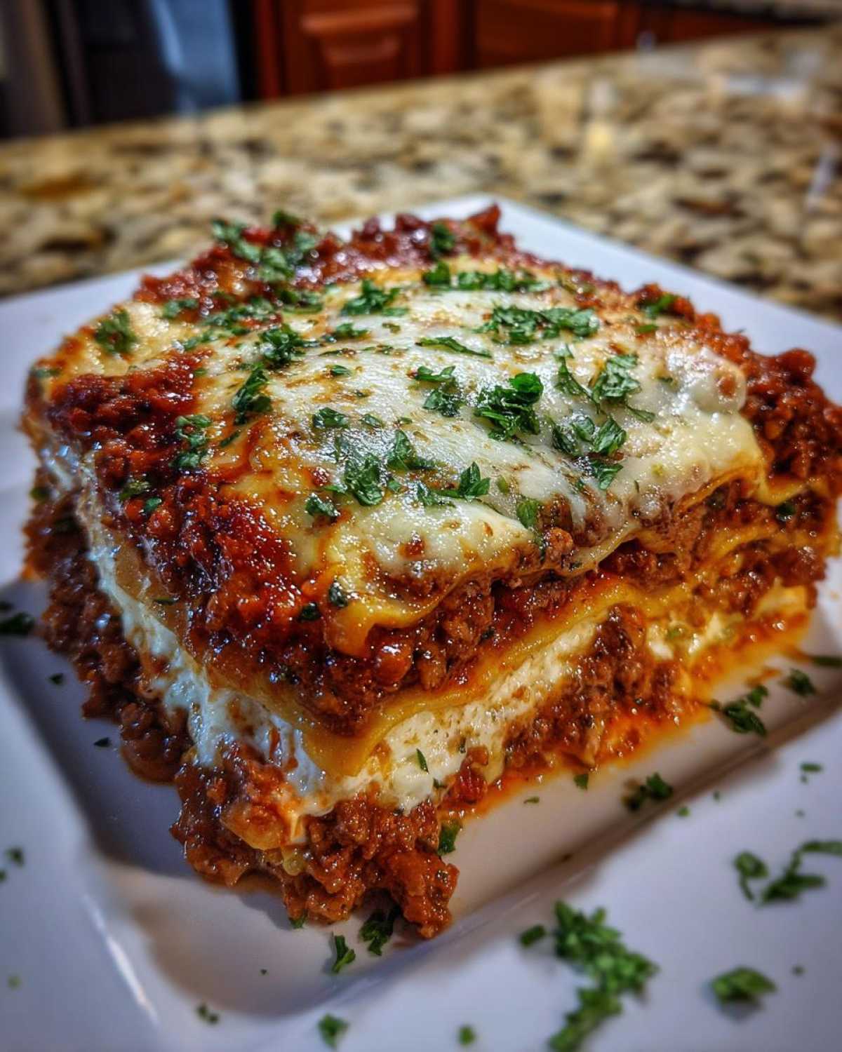 A close-up, appetizing slice of amazing 3 layer lasagna featuring rich meat sauce, creamy ricotta, and melted mozzarella topped with parsley.