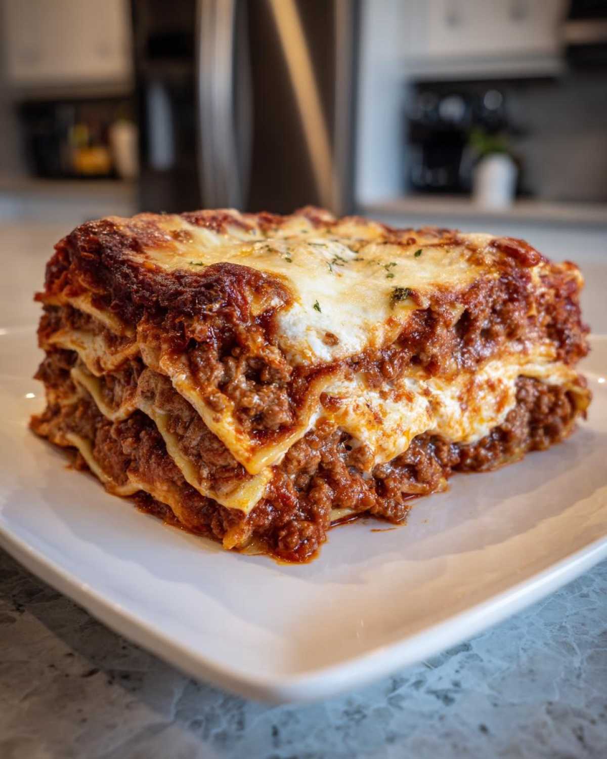 A generous, perfectly layered slice of amazing 3 layer lasagna with rich meat sauce and melted cheese topping.