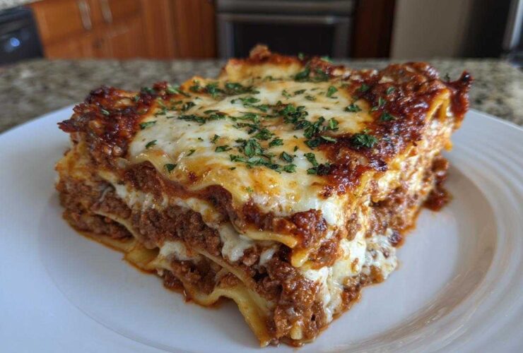 A thick, layered slice of amazing 3 layer lasagna topped with melted mozzarella and fresh parsley.