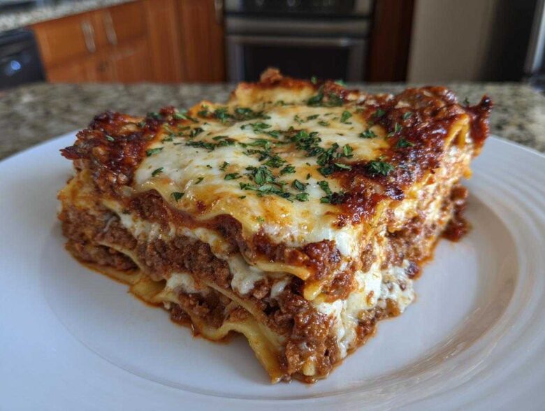 A thick, layered slice of amazing 3 layer lasagna topped with melted mozzarella and fresh parsley.