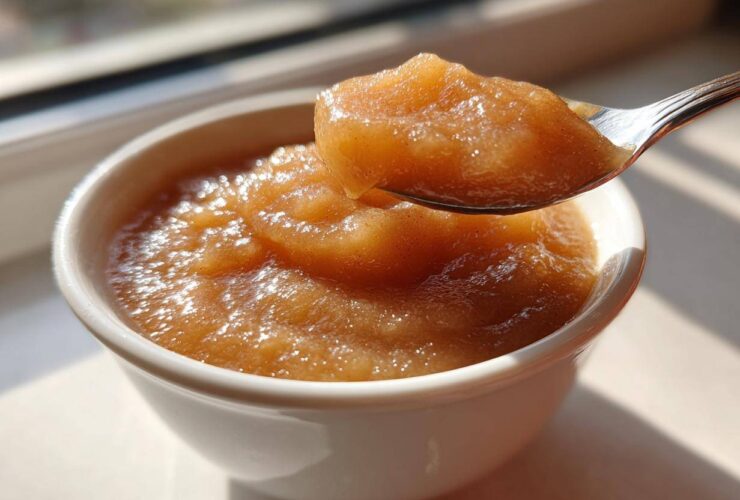 Close-up of homemade applesauce being lifted from a white bowl on a spoon, showing its chunky texture.