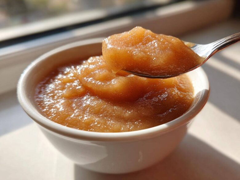 Close-up of homemade applesauce being lifted from a white bowl on a spoon, showing its chunky texture.