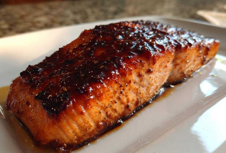 Close-up of a perfectly baked salmon fillet with a dark, caramelized glaze resting on a white plate.