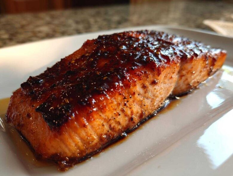 Close-up of a perfectly baked salmon fillet with a dark, caramelized glaze resting on a white plate.