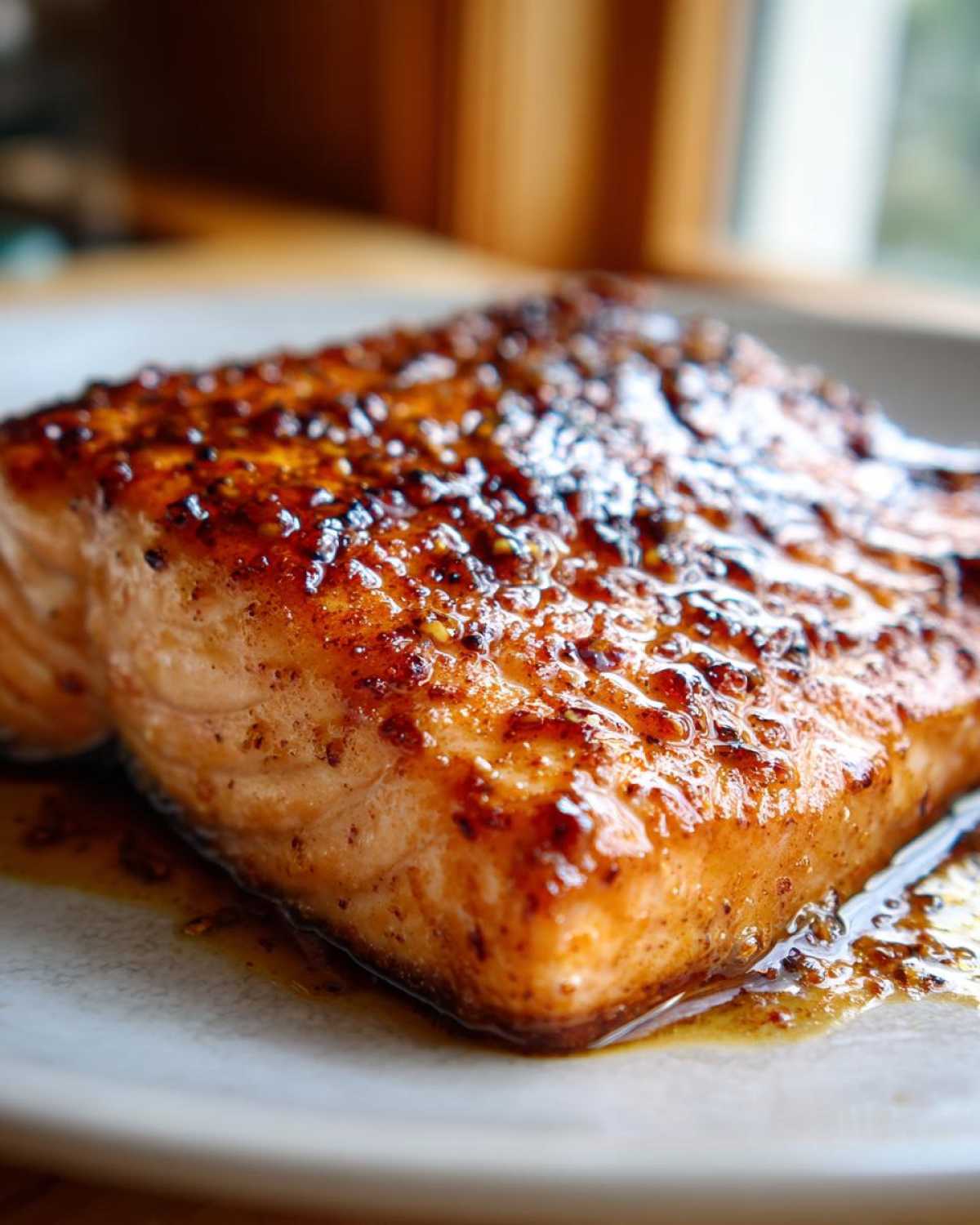 Close-up of a perfectly baked salmon fillet with a shiny, caramelized glaze resting on a light plate.