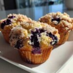 Three golden blueberry muffins topped with crunchy streusel sugar sitting on a white rectangular plate.