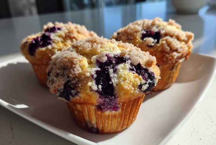 Three golden blueberry muffins topped with crunchy streusel sugar sitting on a white rectangular plate.