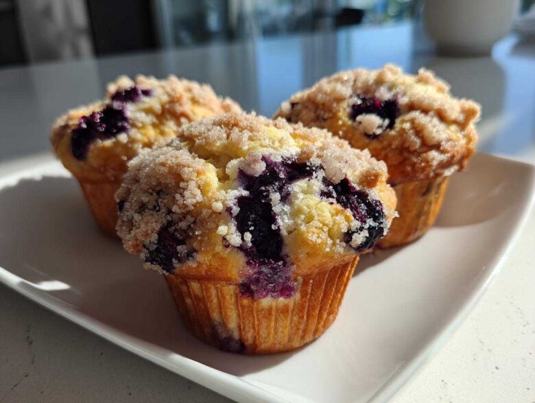Three golden blueberry muffins topped with crunchy streusel sugar sitting on a white rectangular plate.