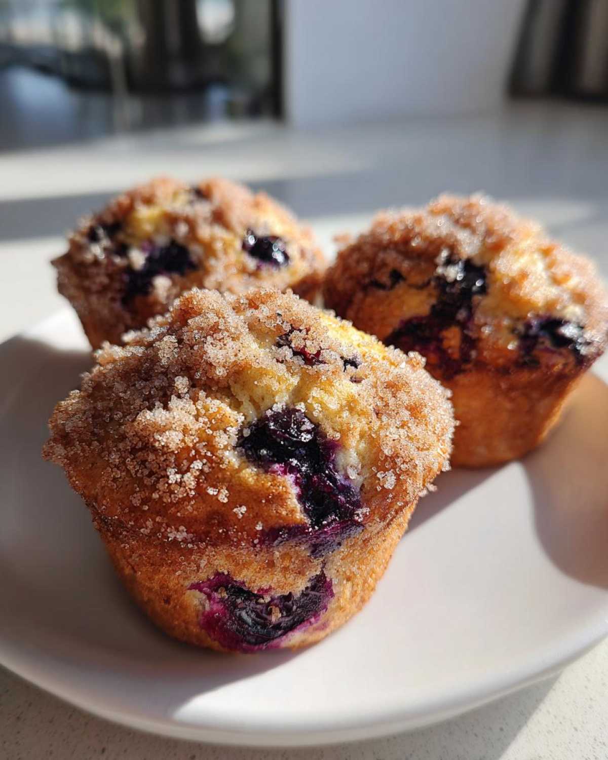 Three freshly baked blueberry muffins topped with a thick cinnamon sugar crust sitting on a white plate.