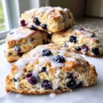 A close-up of freshly baked blueberry scones drizzled with white glaze, stacked on a white surface.
