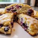Close-up of fluffy blueberry scones, cut open to show the fruit filling and drizzled with white glaze.
